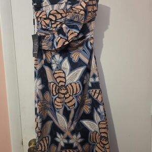 Floral Strapless Dress in Blue and Peach